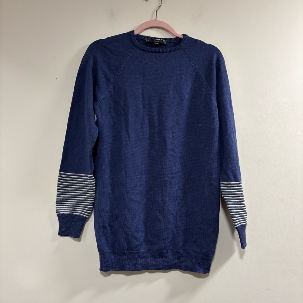 Blue and White Crewneck Sweater with Striped Cuffs